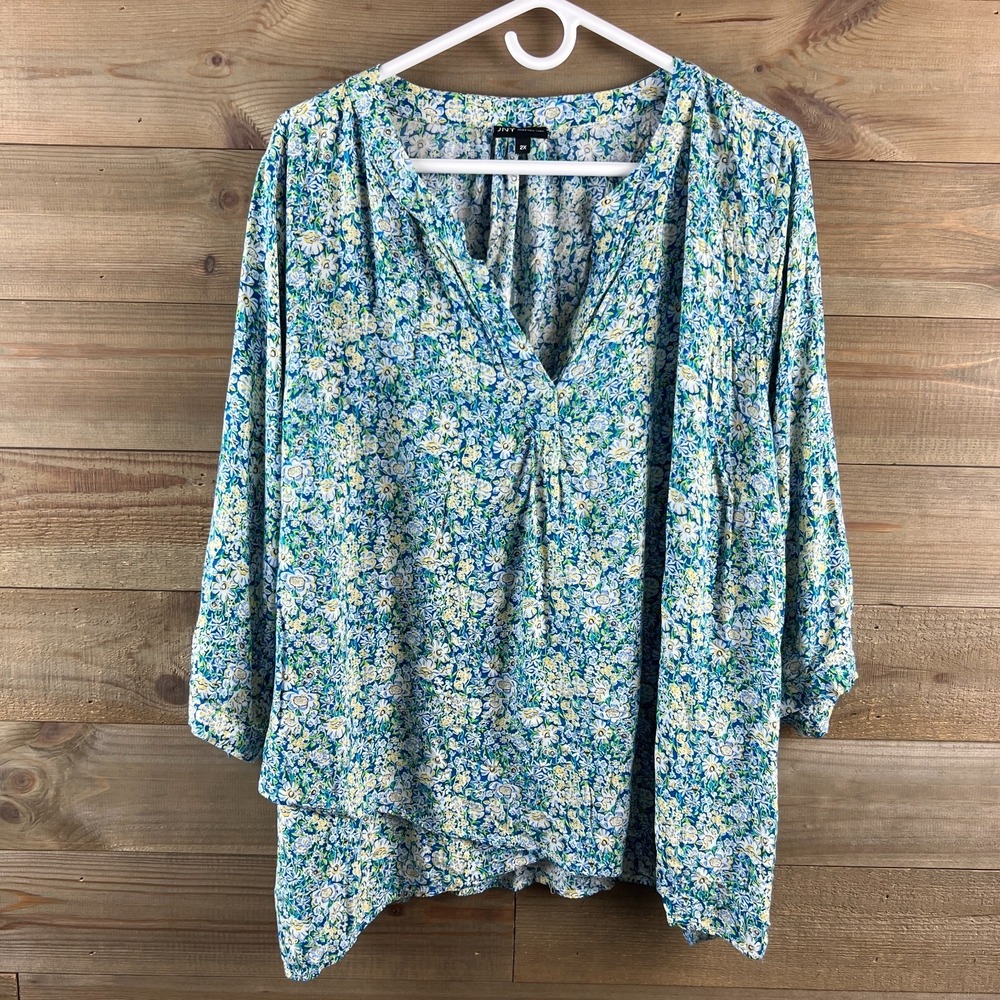 Jones & Co Womens Blouse 3/4 Sleeve Vneck Floral Prairie Asymmetrical Hemline 1X